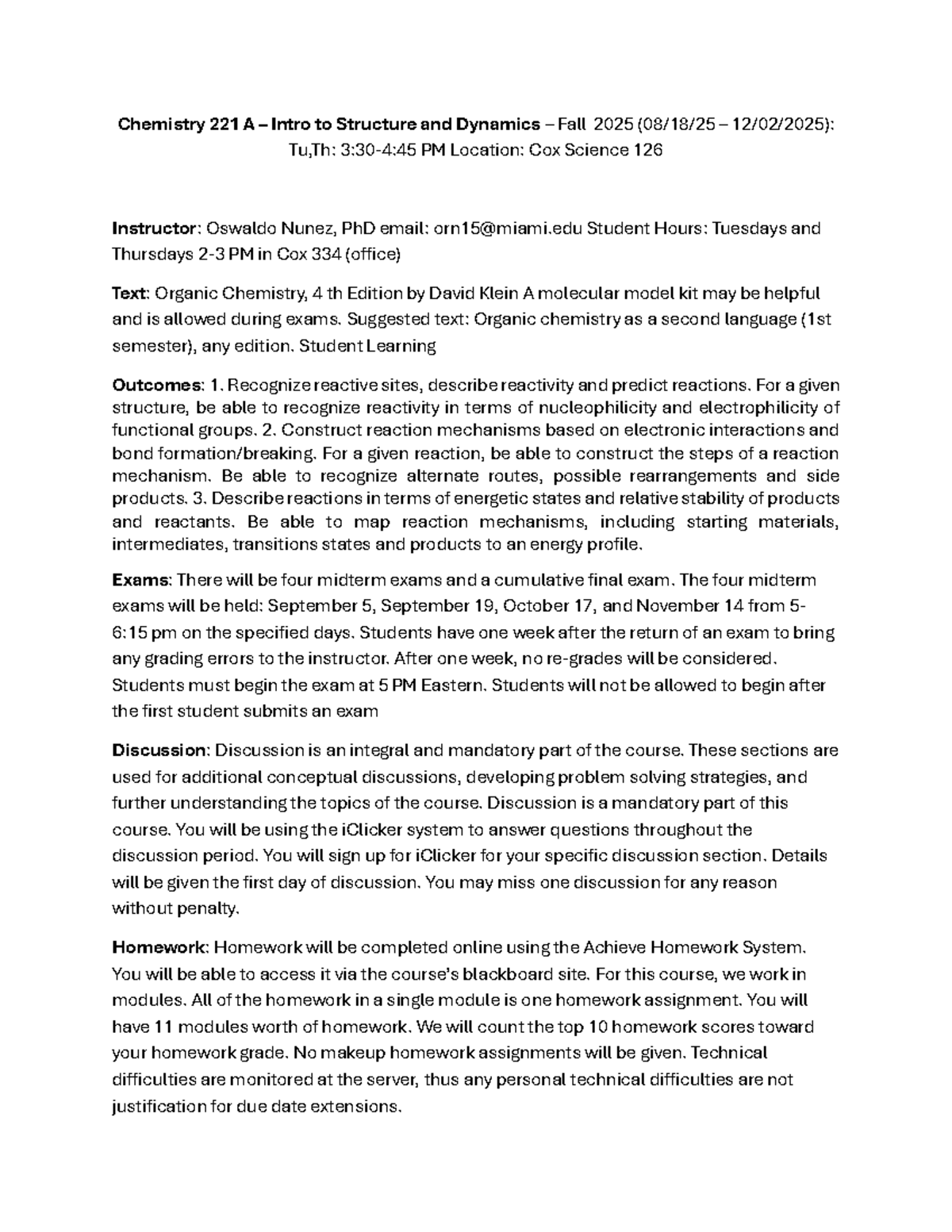 CHM 221 Syllabus: Structure and Dynamics Overview for Fall 2025 - Studocu