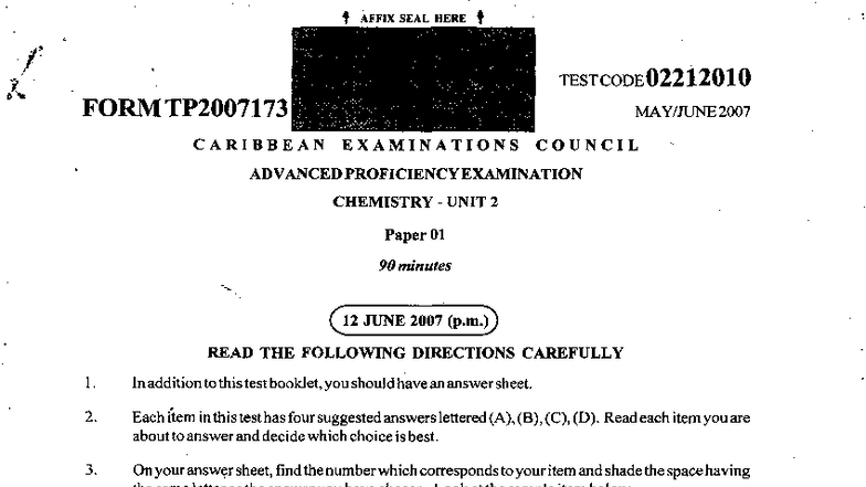 CAPE Chemistry Unit 2 Paper 1 Exam Solutions 2007-2023 - Studocu