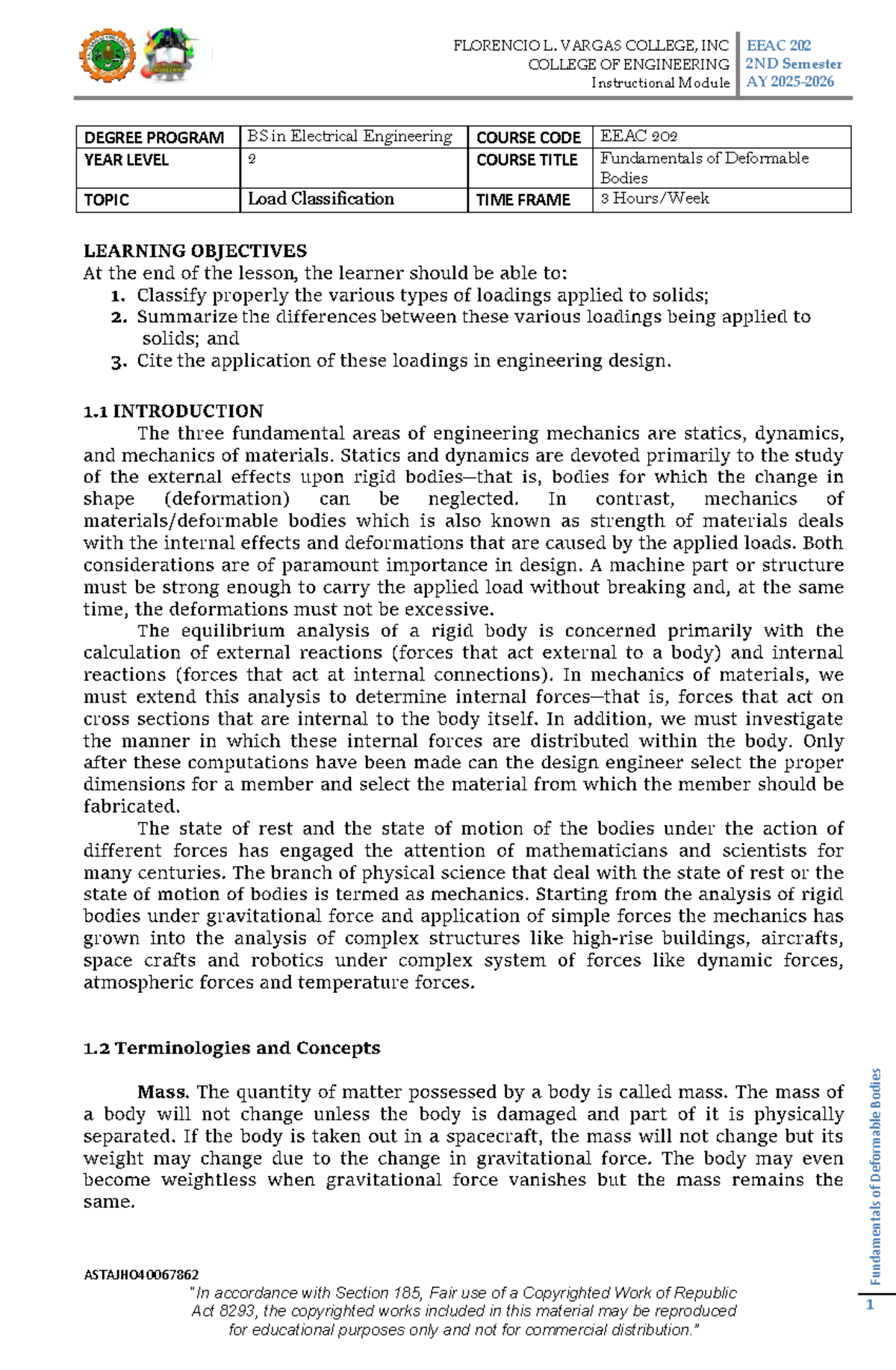 EEAC 202 Instructional Module: Load Classification in Deformable Bodies ...