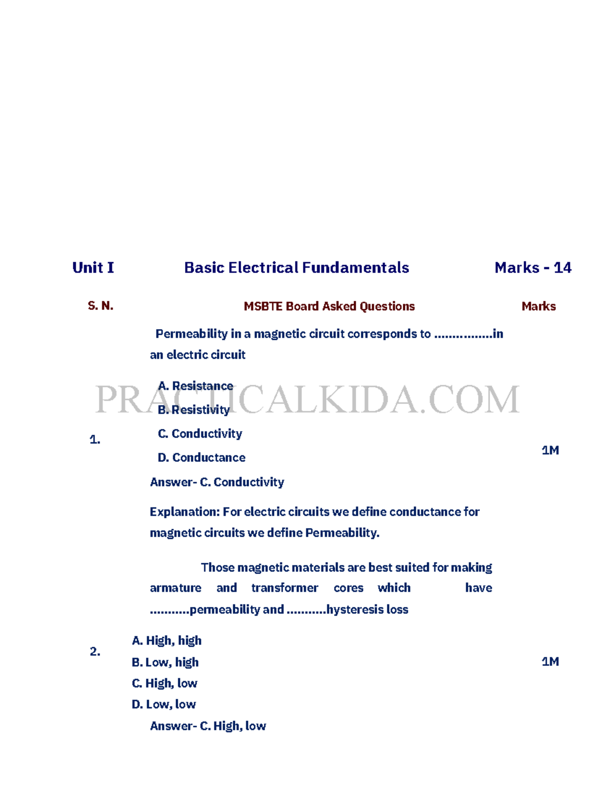 Unit I Basic Electrical Fundamentals: MSBTE Board Questions & Answers ...