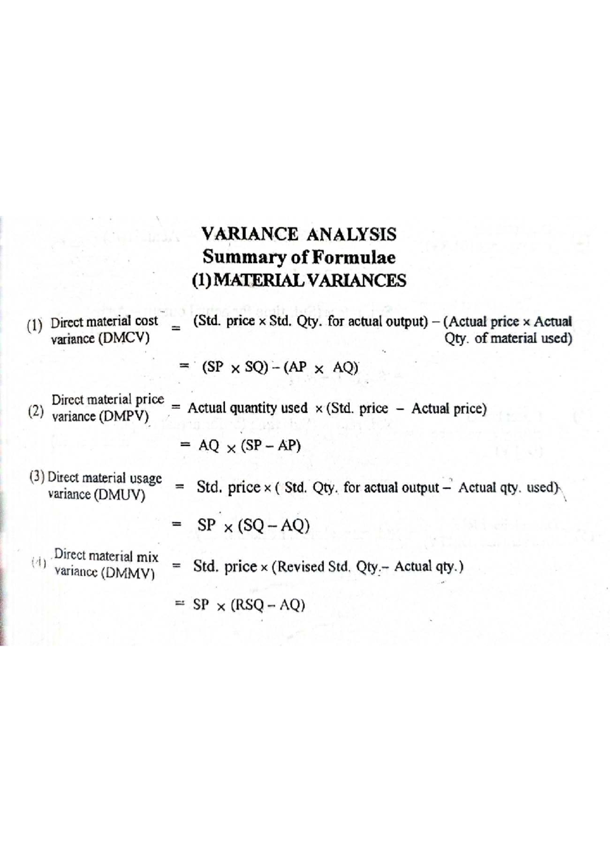 Variance Analysis Formulae Summary for Std Costing (5) - Studocu