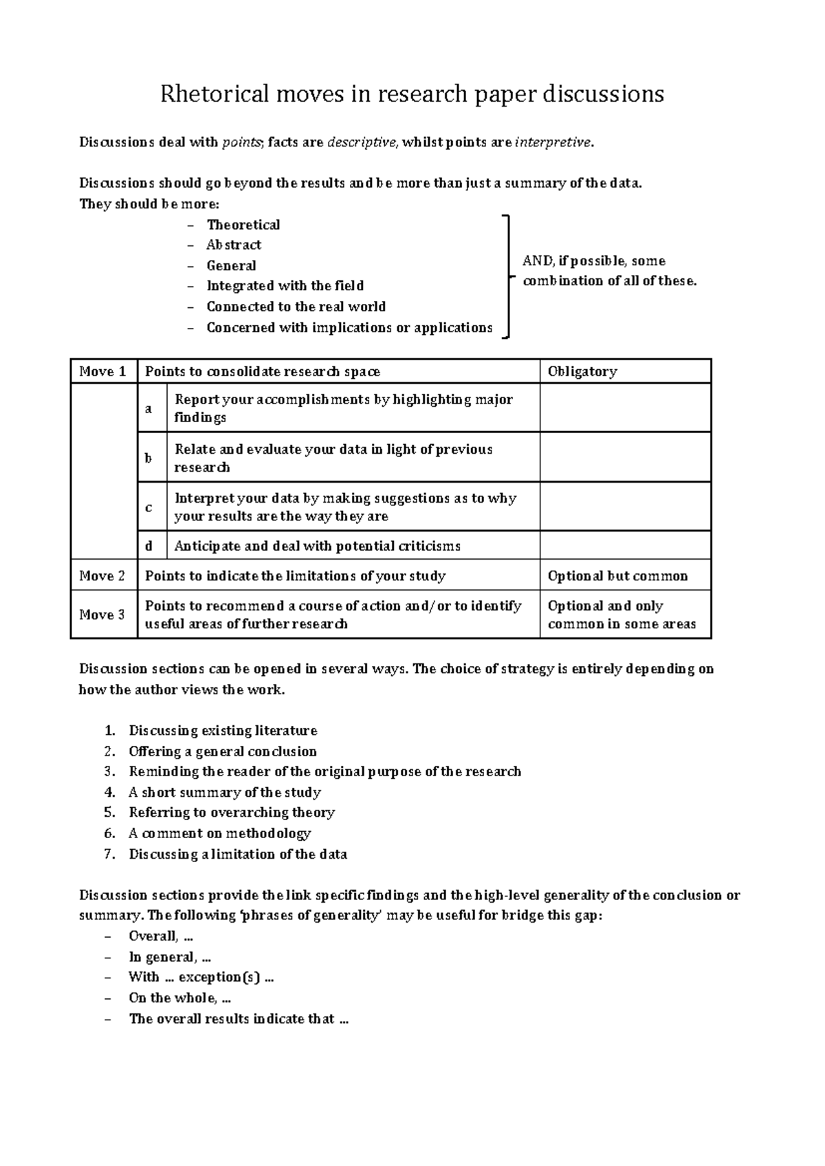 Rhetorical Moves in Research Paper Discussions (TULP 101) - Studocu