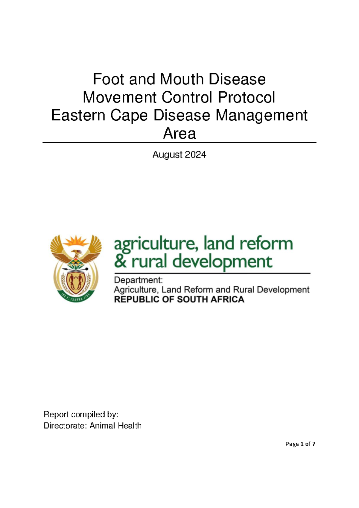 Eastern Cape FMD Movement Control Protocol - August 2024 Report - Studocu