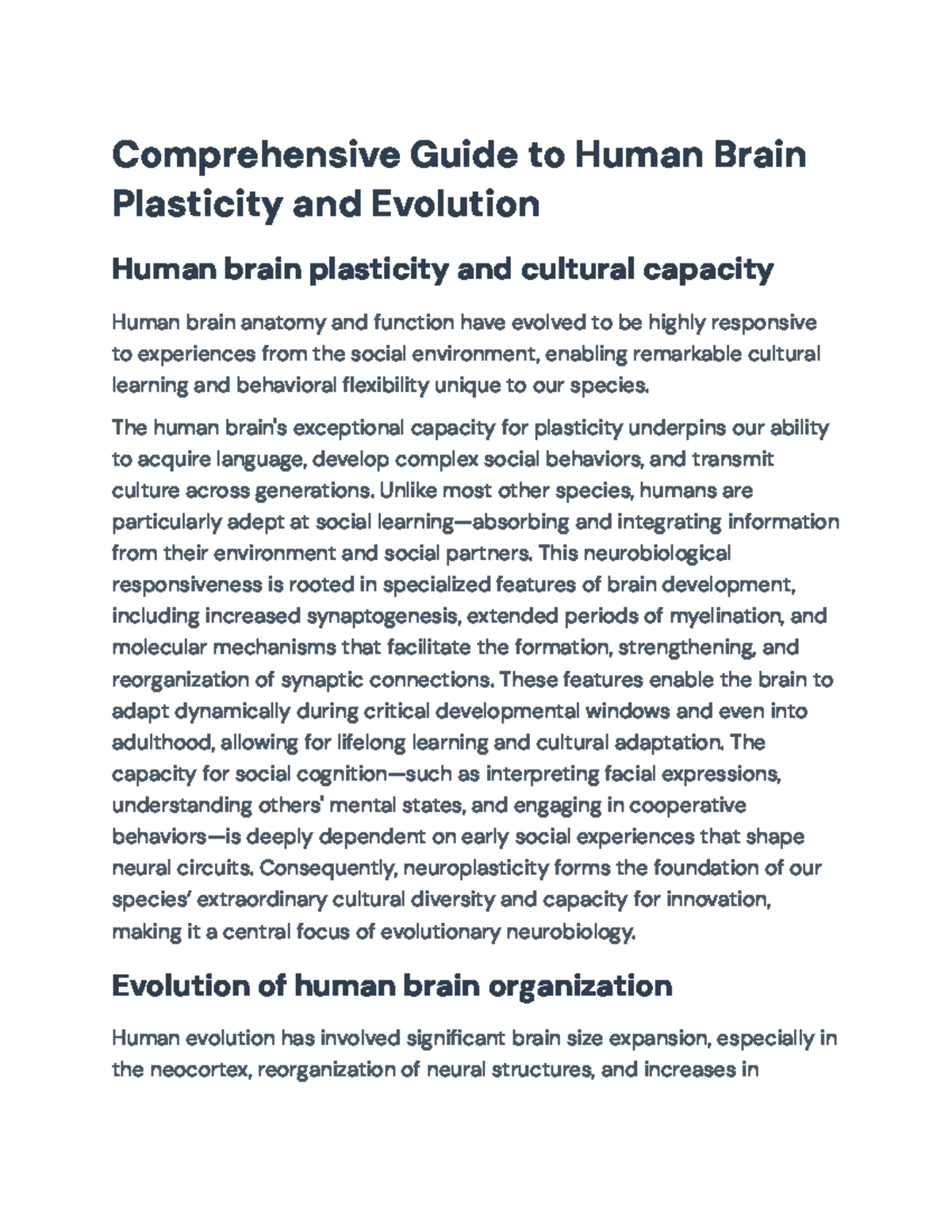 Comprehensive Study on Human Brain Plasticity & Evolution - Studocu
