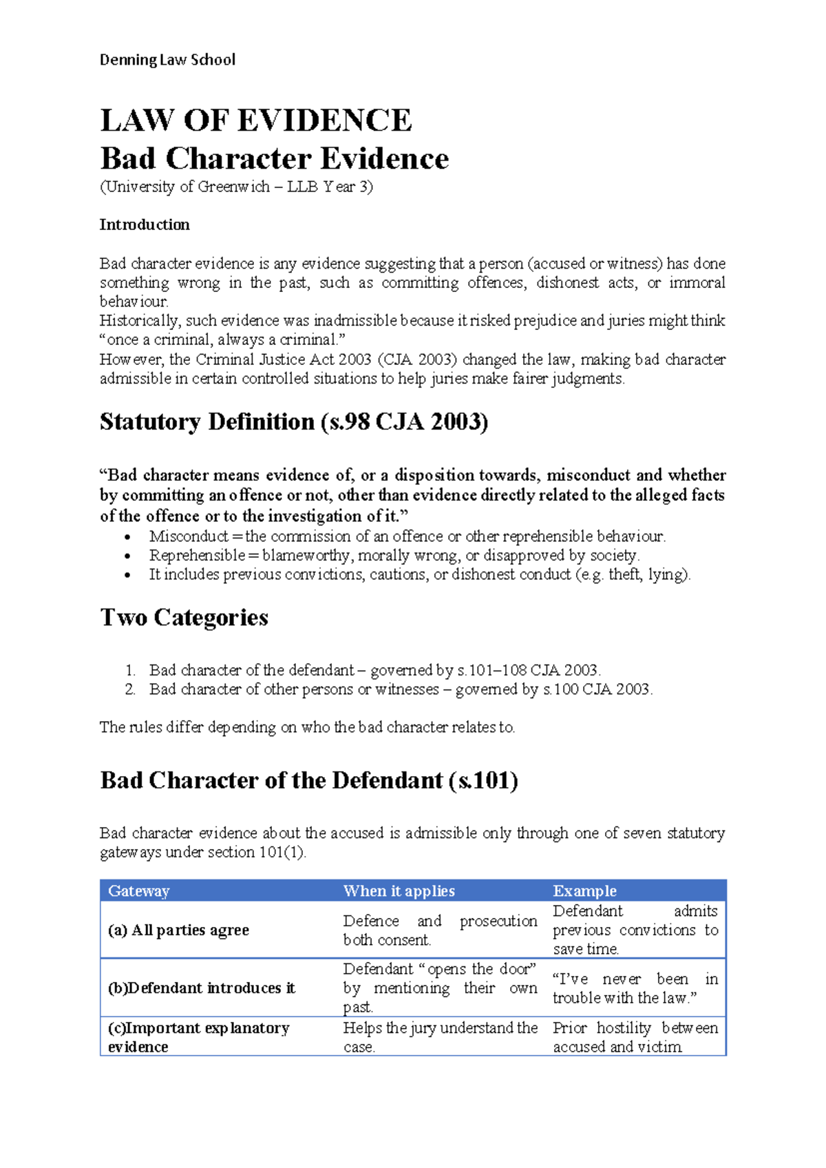 Bad Character Evidence in Law of Evidence (LAW 3) - Overview and ...