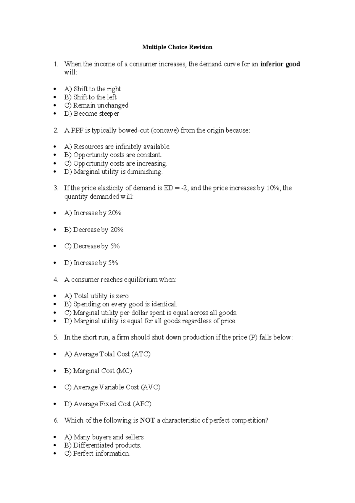 ECO 101: Multiple Choice Revision for Exam Preparation - Studocu