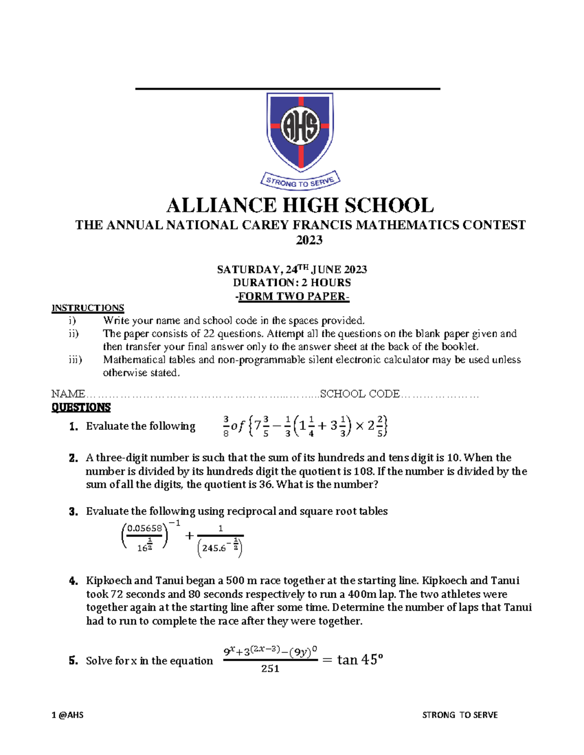 Alliance Maths Contest Form 2 Questions and Answers - 2023 - Studocu