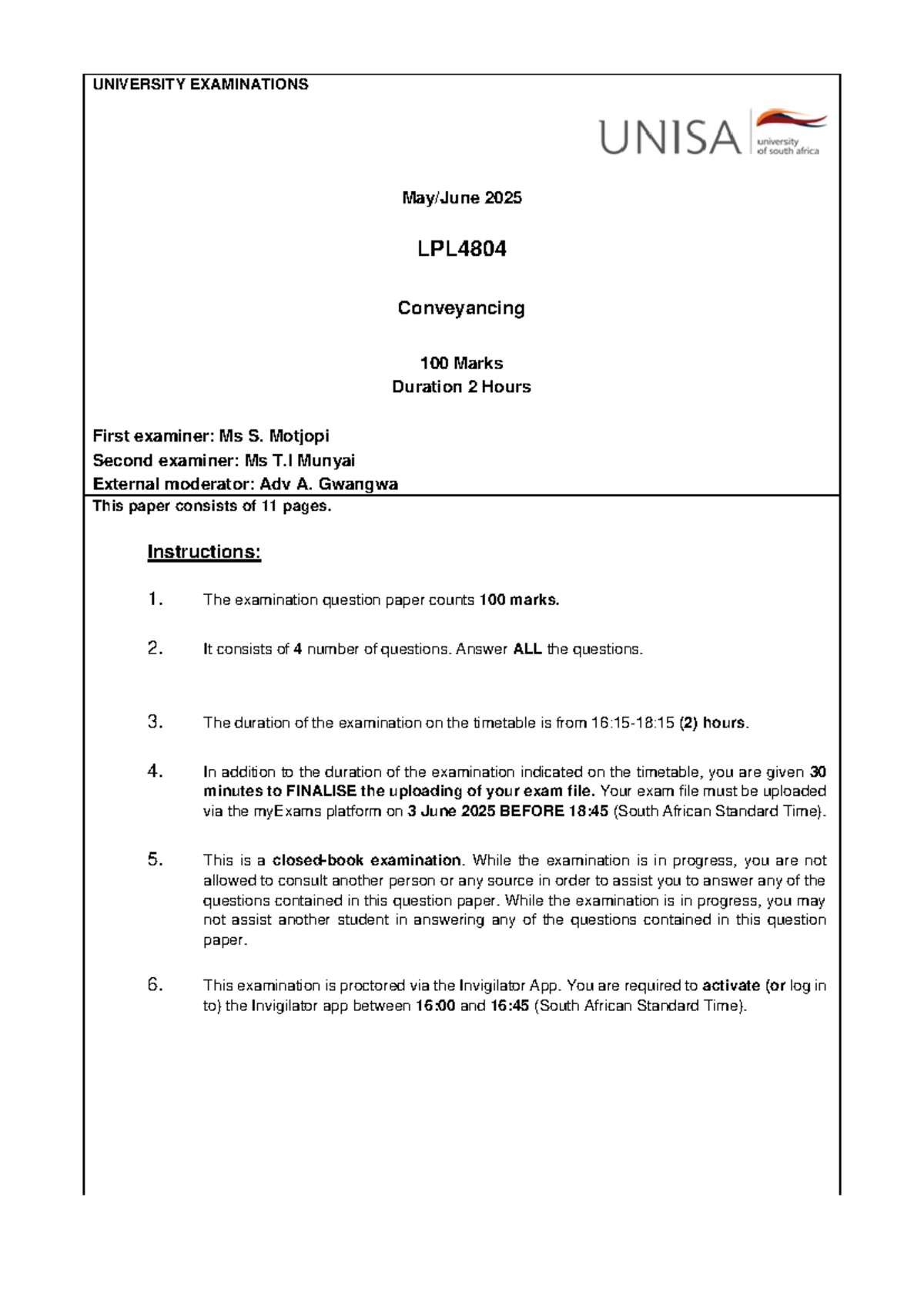 LPL4804 Final Exam Guidelines and Instructions - May-June 2025 - Studocu