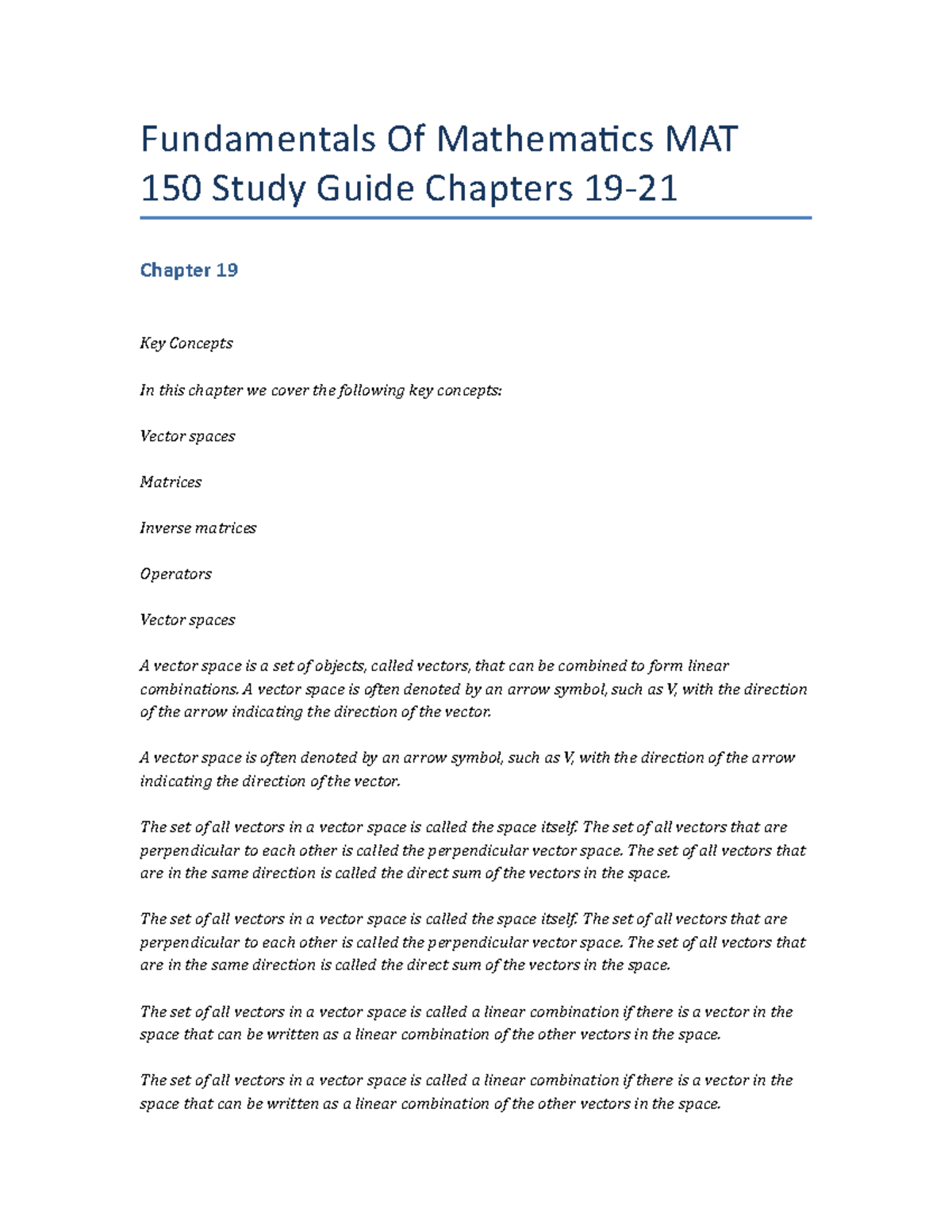 Fundamentals Of Mathematics MAT 150 Study Guide Chapters 19-21 - A ...
