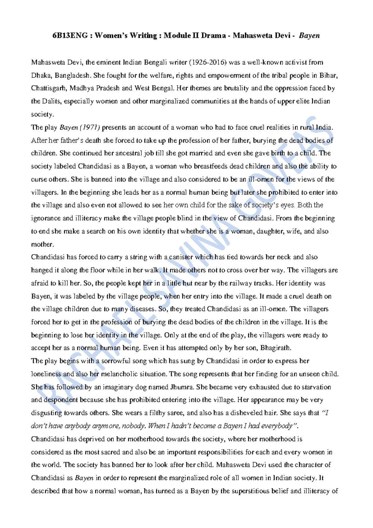 6B13ENG: Women's Writing - Mahasweta Devi's Bayen Exploration - Studocu