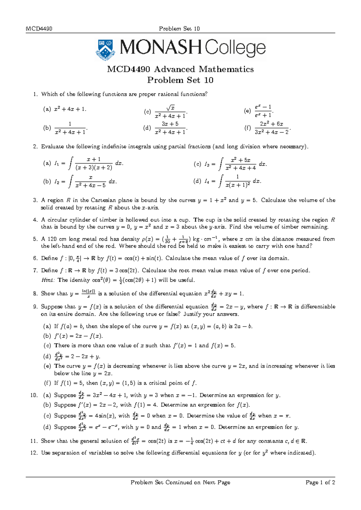 MCD4490 2025 T1 Problem Set 10 - Advanced Mathematics Exercises - Studocu