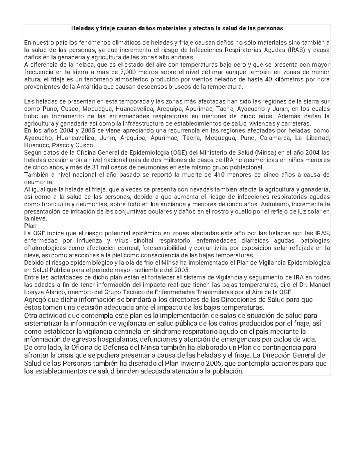 Impacto de Heladas y Friaje en Salud y Agricultura - Estudio 2005 - Studocu