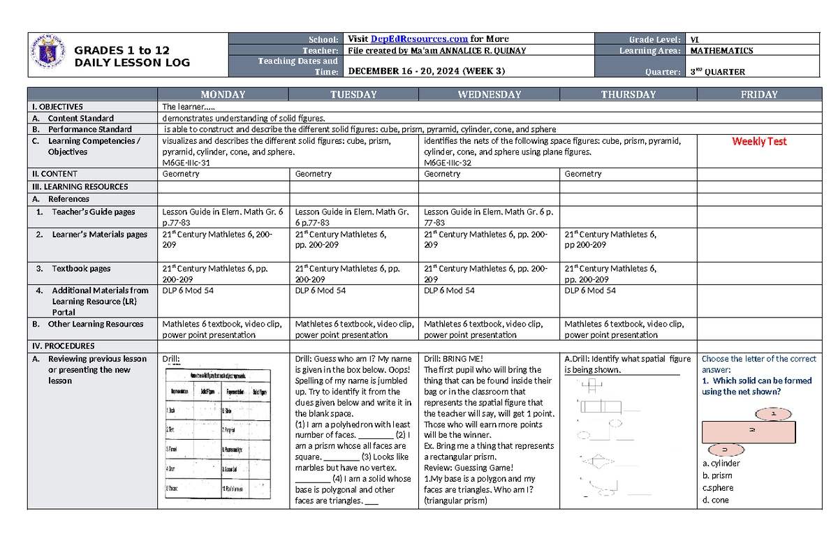 DLL Mathematics 6 Q3 W3 - This is some of the lesson that can help you ...