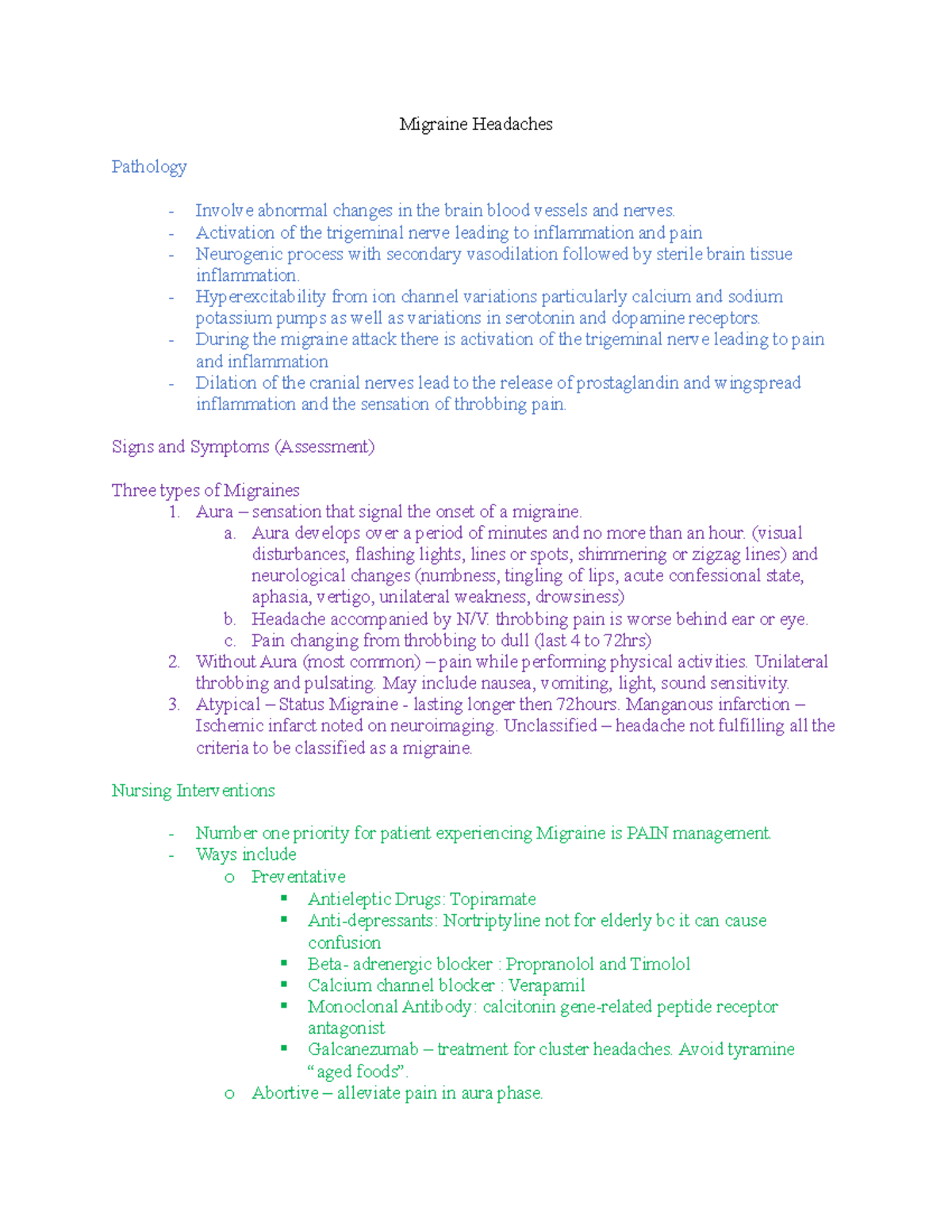 Migraine Headaches - Notes - Migraine Headaches Pathology Involve ...