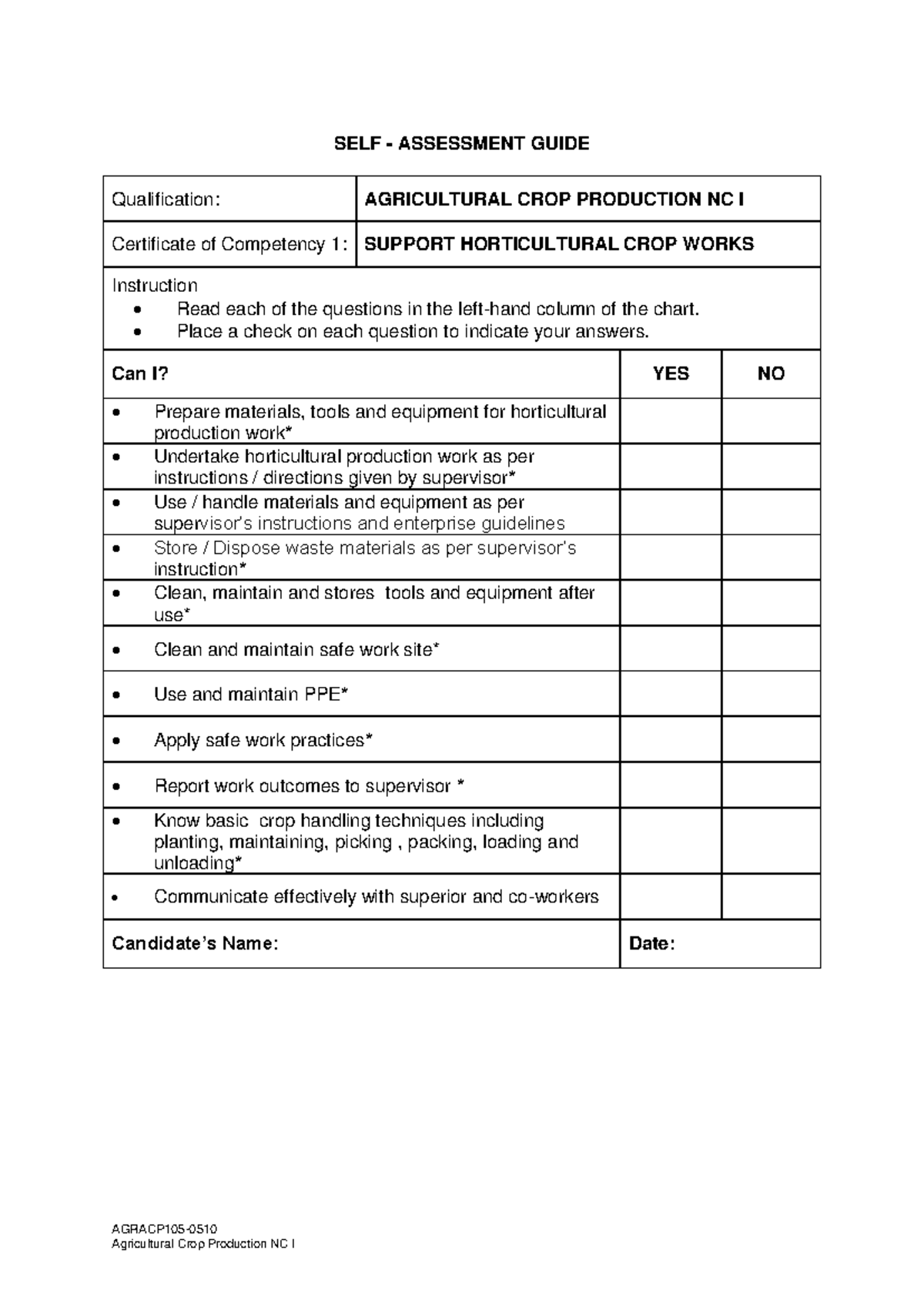 Self Assessment Guide: Agricultural Crop Production NC I - Studocu
