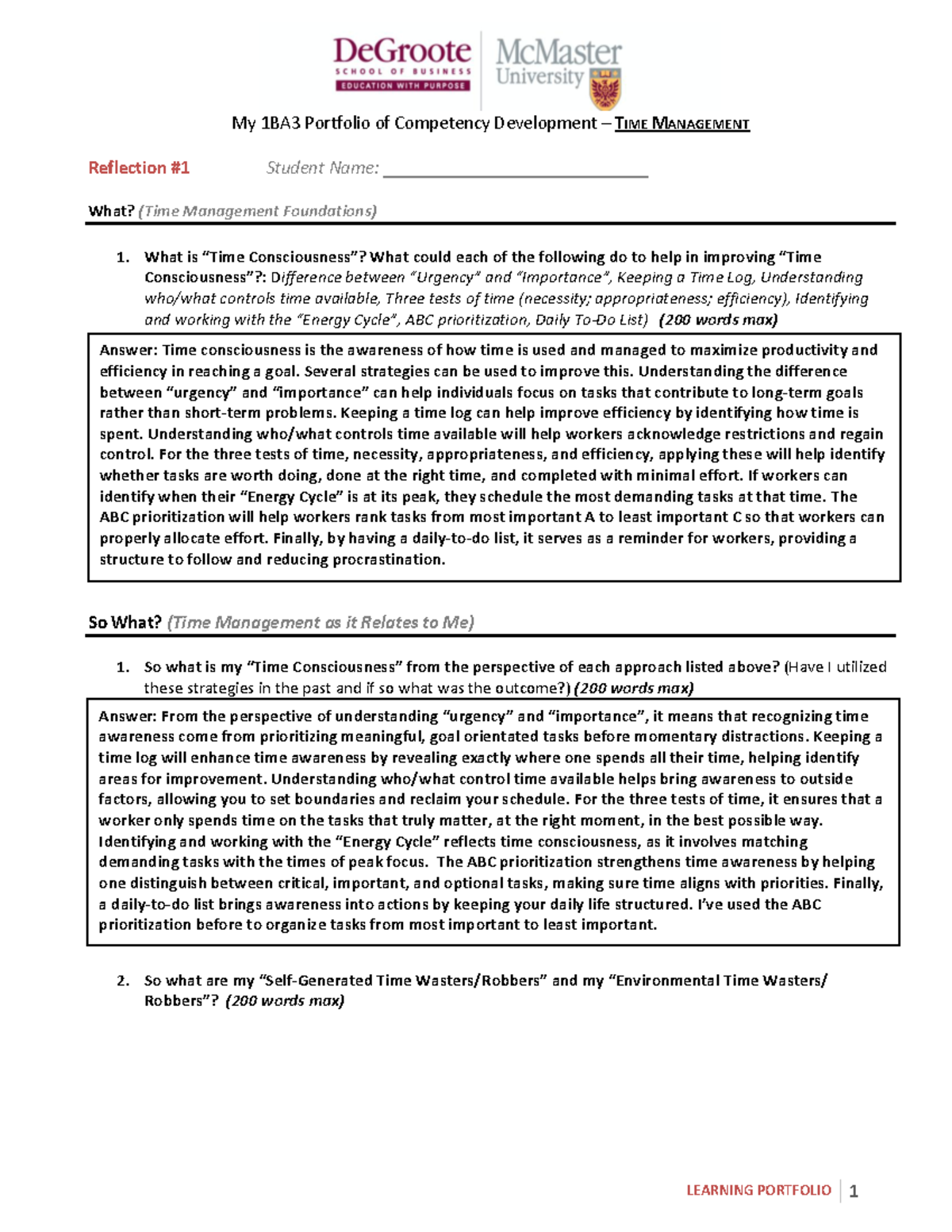1BA3 Time Management Reflection: Strategies for Improvement - Studocu