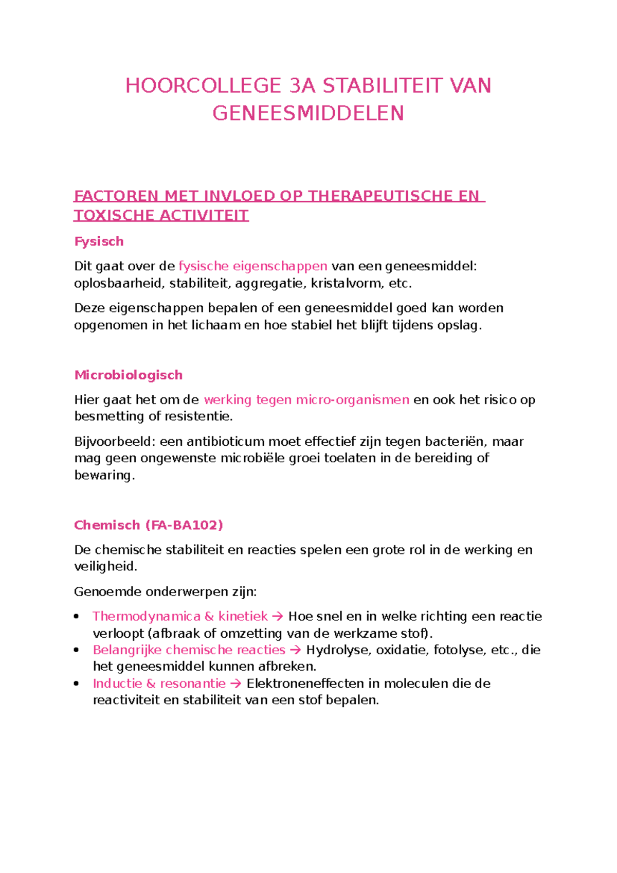 Hoorcollege 3A: Stabiliteit van Geneesmiddelen en Invloedfactoren ...