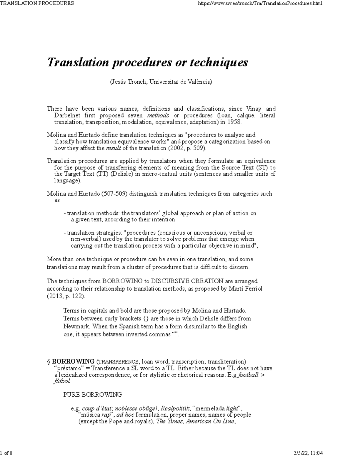 Translation Procedures - literal translation, transposition, modulation ...