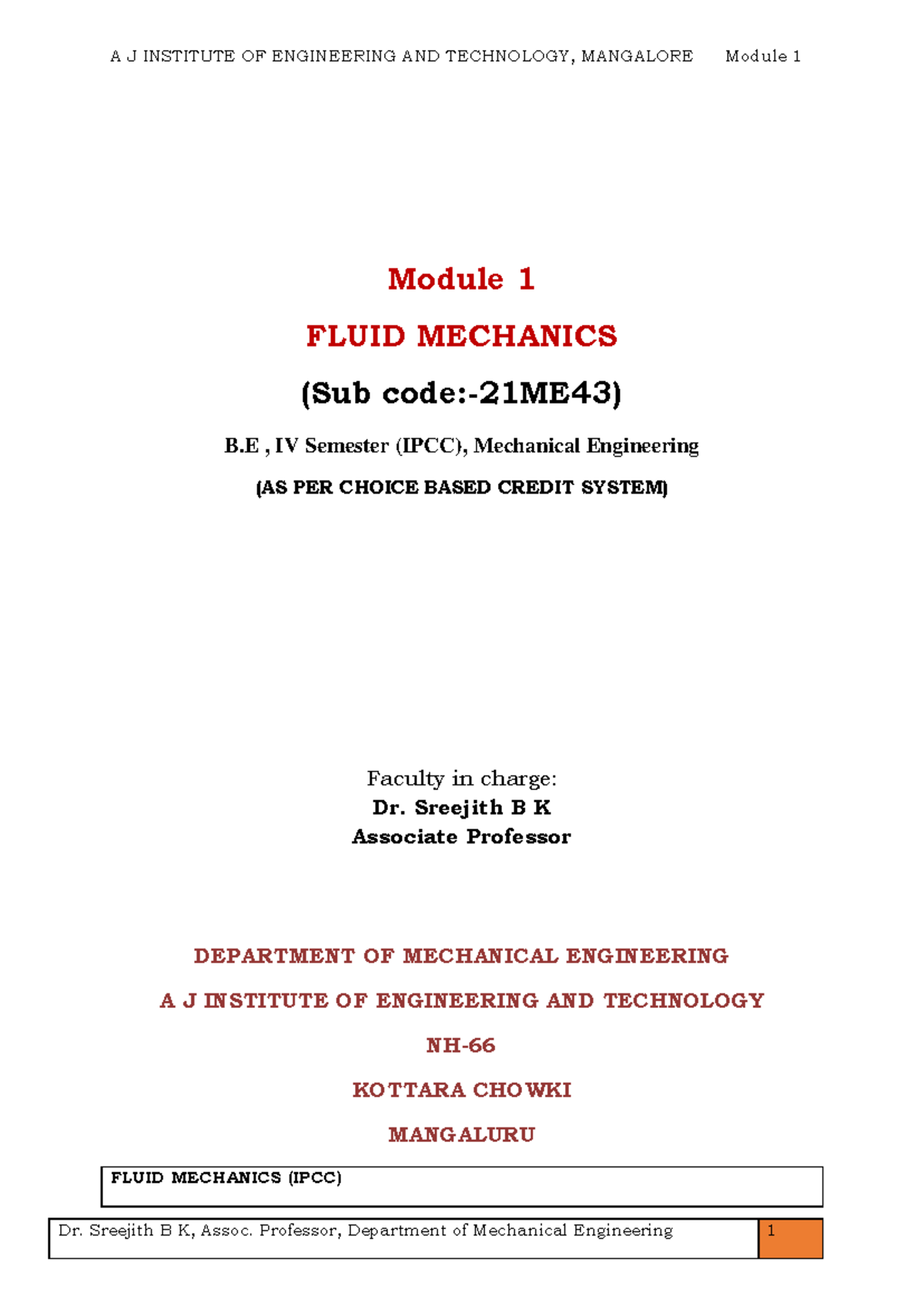 Module 1 - Fluid Mechanics (21ME43) Lecture Notes for B.E. IV Sem ...