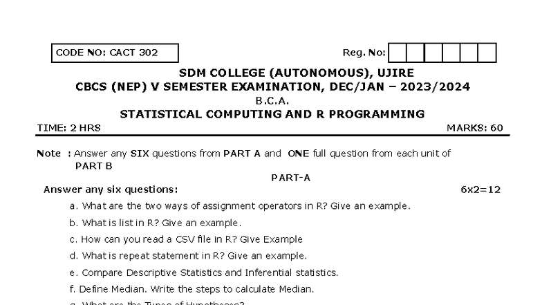 CACT 302 V Sem Exam: Statistical Computing & R Programming - Studocu