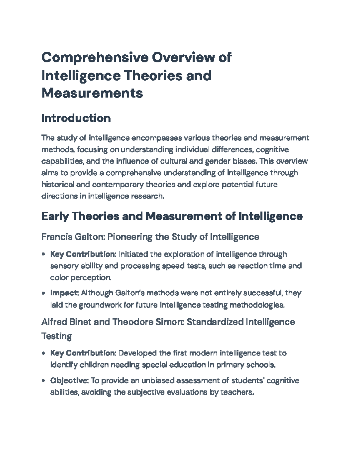Comprehensive Overview of Intelligence Theories and Measurements (PSY ...