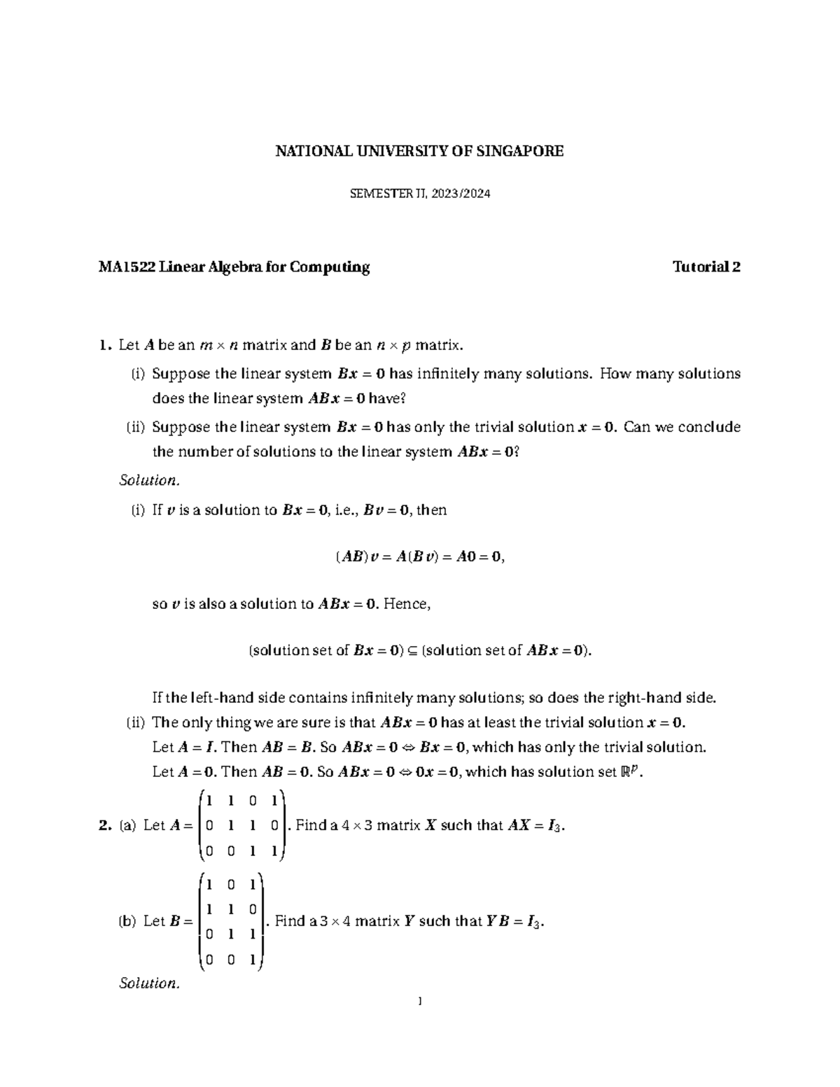 MA1522 Linear Algebra Tutorial 2 Solutions & Explanations - Studocu