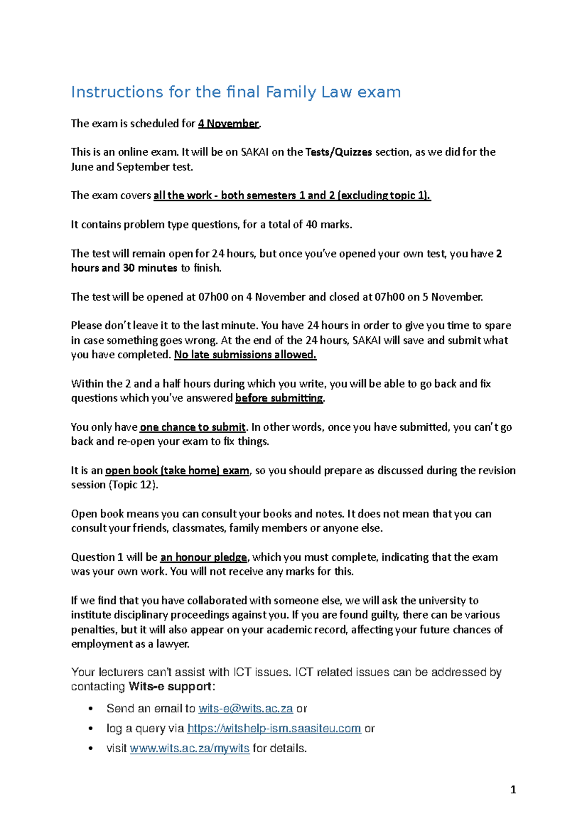 Instructions for the final Family Law exam - This is an online exam. It ...