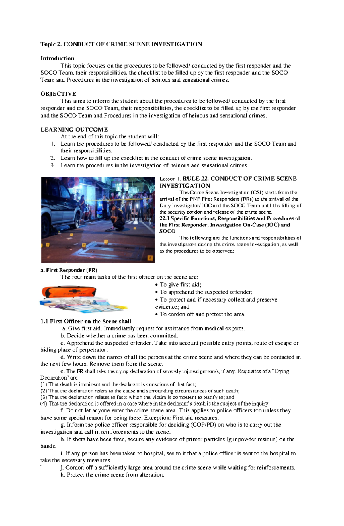 Topic 2 - Conduct of Crime Scene Investigation (CSI) Procedures - Studocu