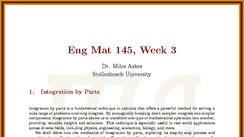 Eng Mat 145, Week 3: Mastering Integration by Parts Techniques - Studocu