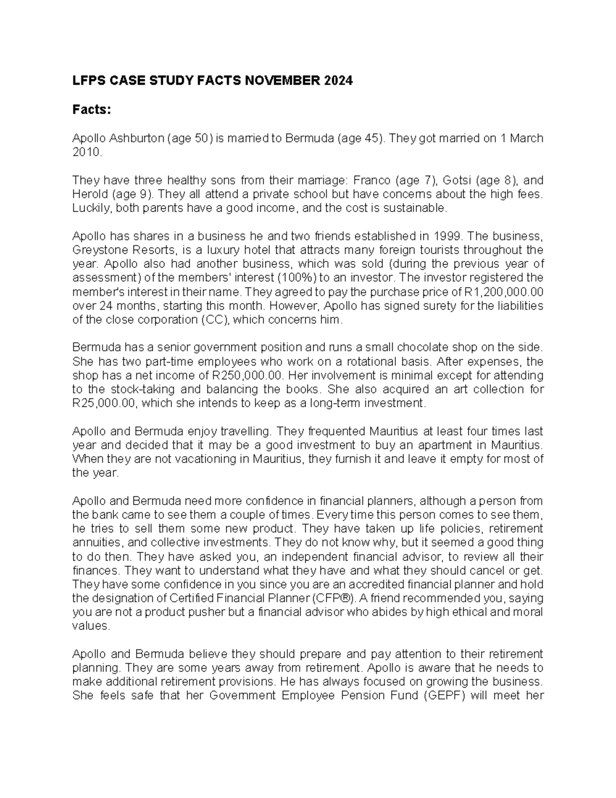 Case Study Facts November 2024 - Financial Plan - LFPS CASE STUDY FACTS ...