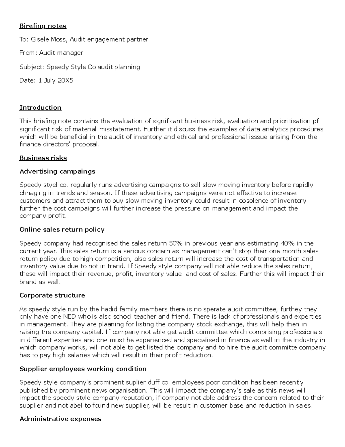 Briefing Notes on Audit Planning for Speedy Style Co (P1 Mock2 - ACCA ...