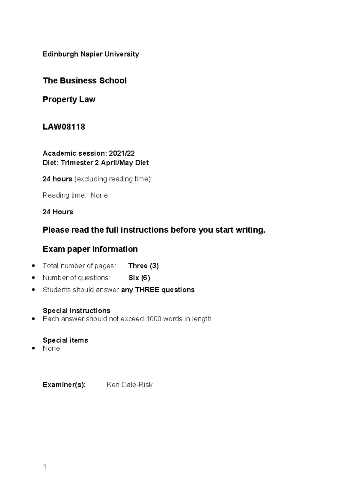 Property Law Exam Paper LAW08118 - Edinburgh Napier University - Studocu