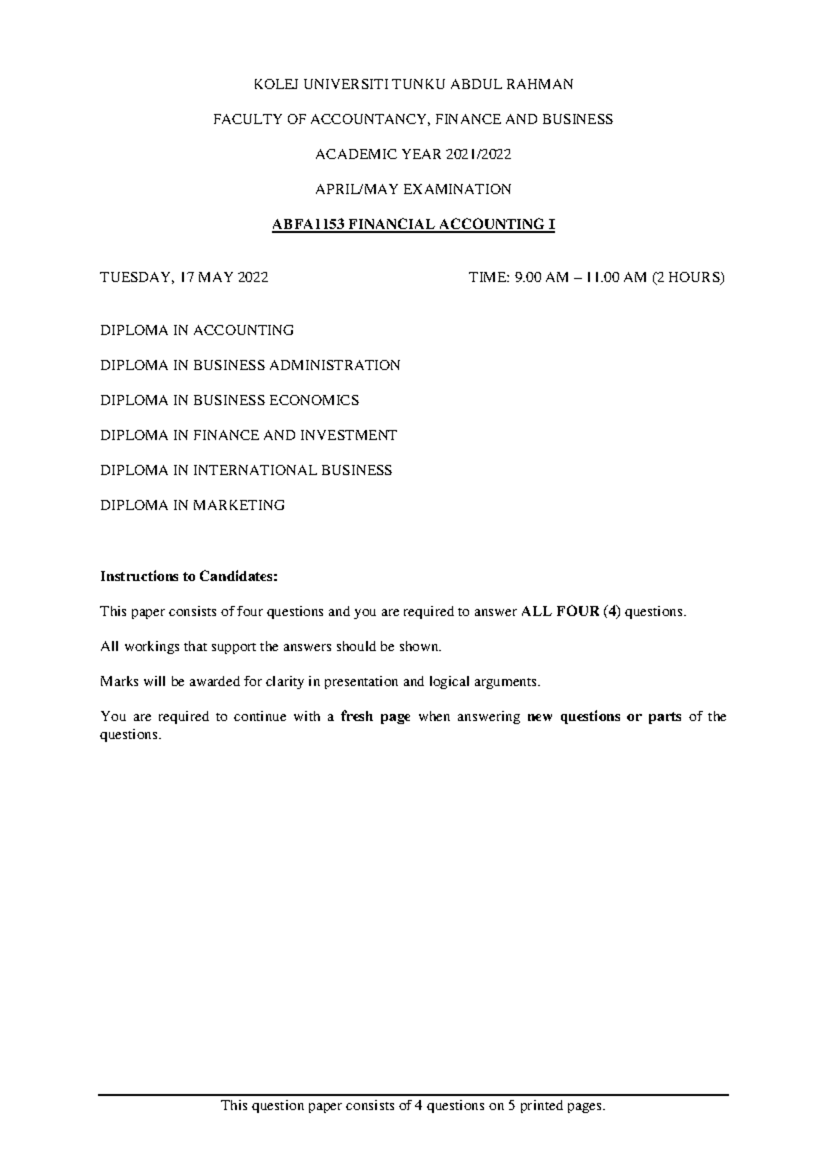 ABFA1153 Financial Accounting I Final Exam Questions and Solutions ...