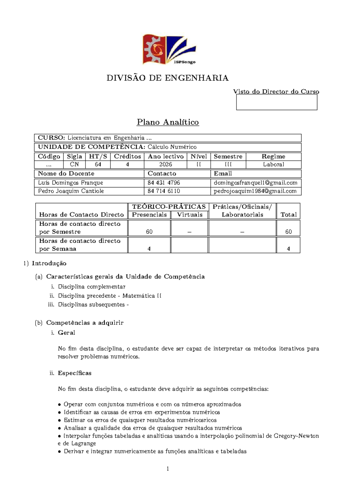 Plano Analítico de Cálculo Numérico - Lic. em Engenharia CN 64 - Studocu