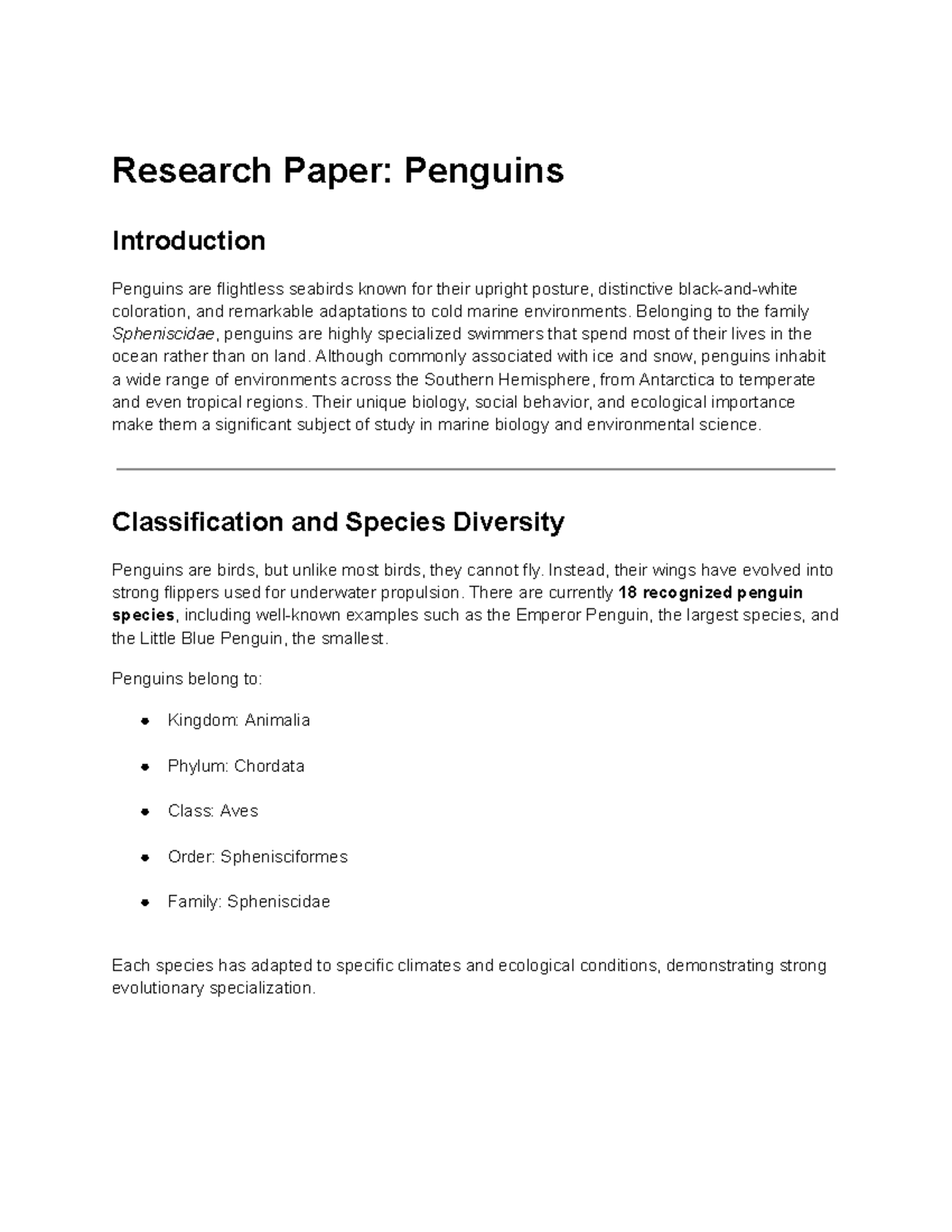 Research Paper: Penguins - Adaptations, Behavior & Ecology - Studocu