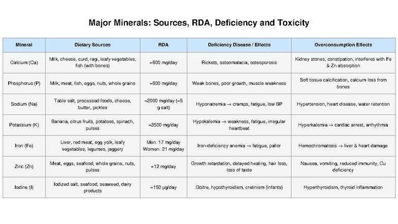Mineral Nutrition Table: Sources, RDA, Deficiencies & Toxicity - Studocu