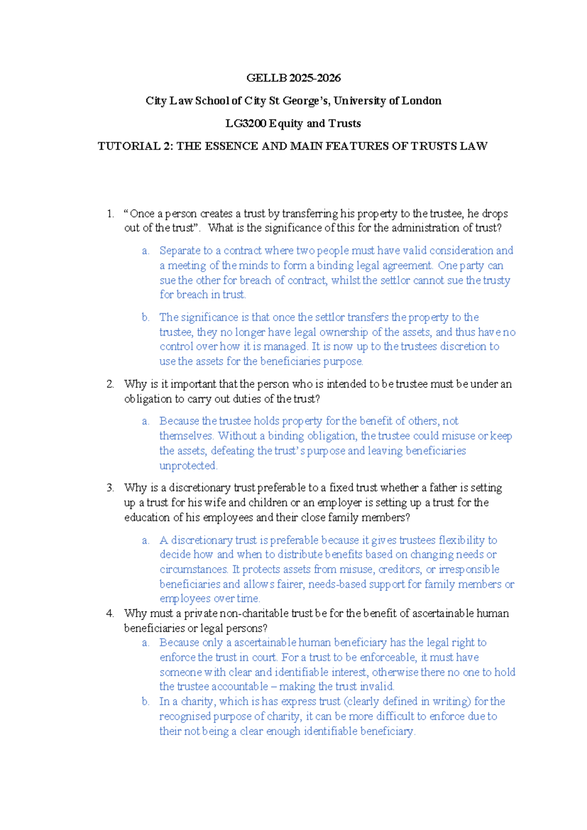 LG3200 Equity and Trusts Tutorial 2: Key Features of Trusts Law - Studocu