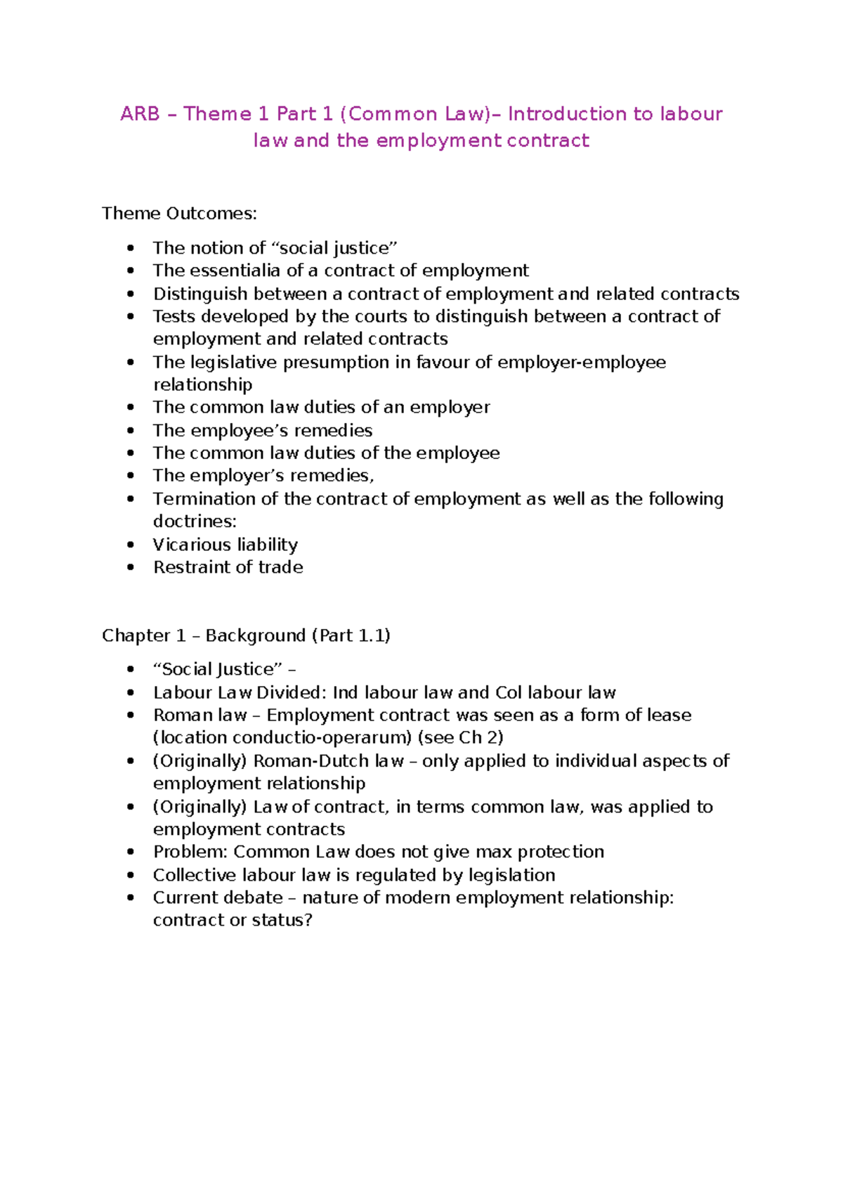 ARB 311 - Theme 1 Summary: Common Law & Labour Law Principles - Studocu