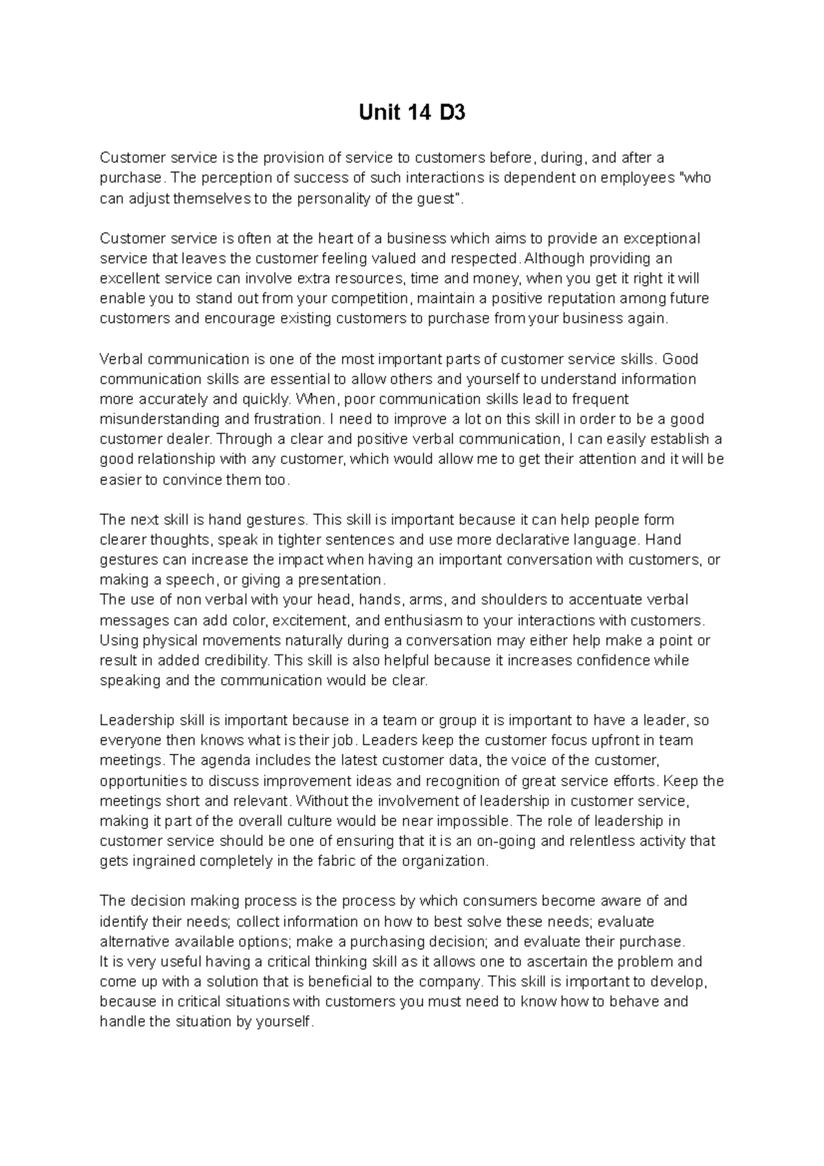 Unit 14 D3 - Investigating Customer Service - Unit 14 D Customer ...