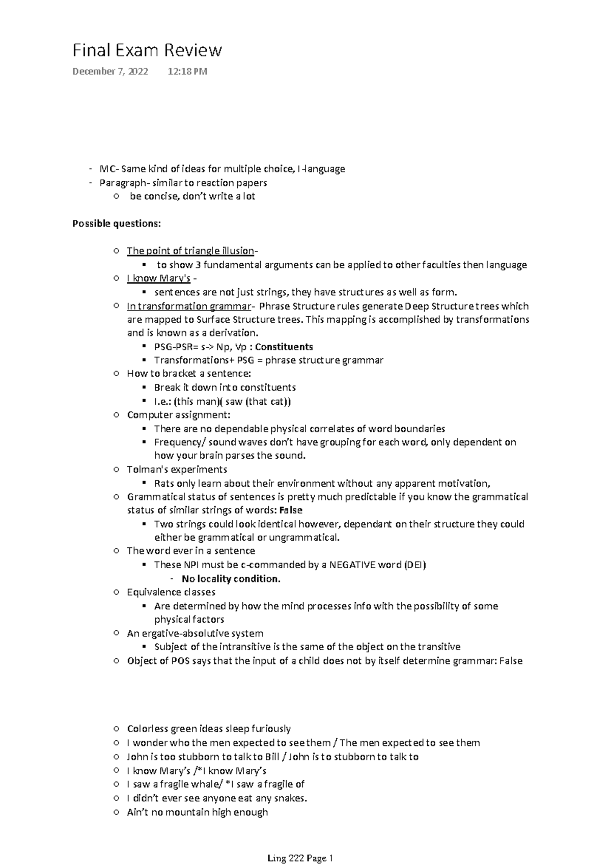 Final Exam Review for Ling 222: Key Concepts and Questions - Studocu