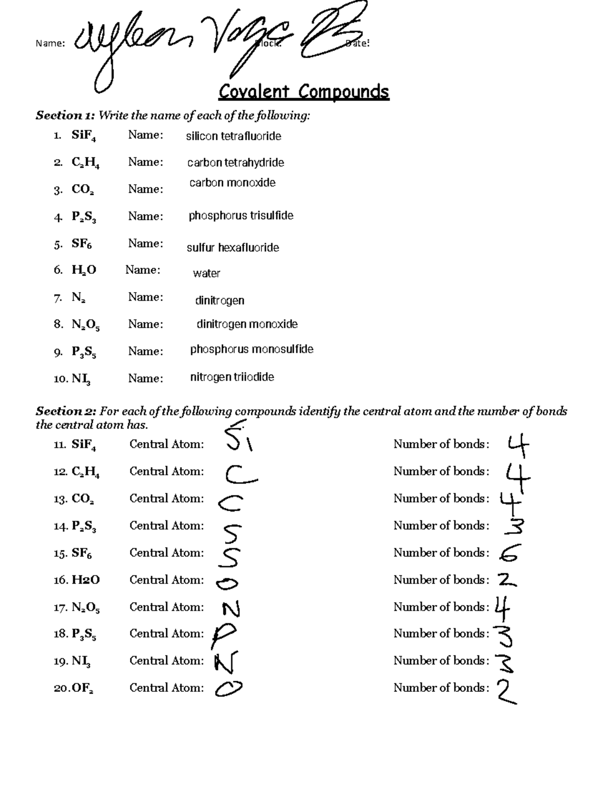 Covalent Compounds - ........ - Name: Block: Date: Covalent Compounds ...