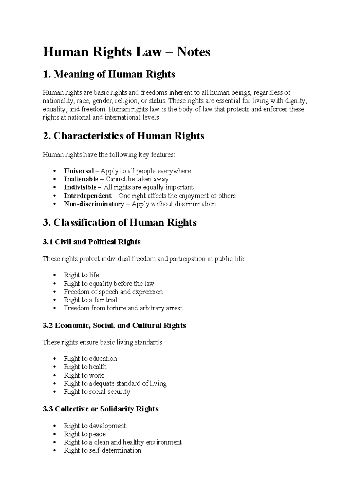 Human Rights Law Notes: Key Concepts and Frameworks - Studocu