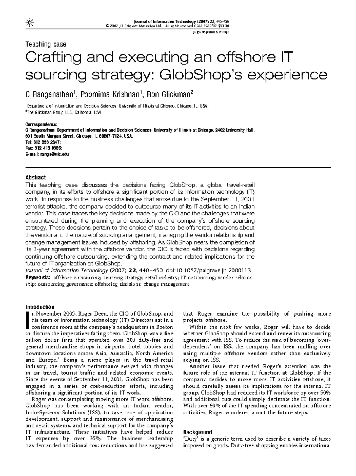 Crafting an Offshore IT Sourcing Strategy: A Case Study of GlobShop ...