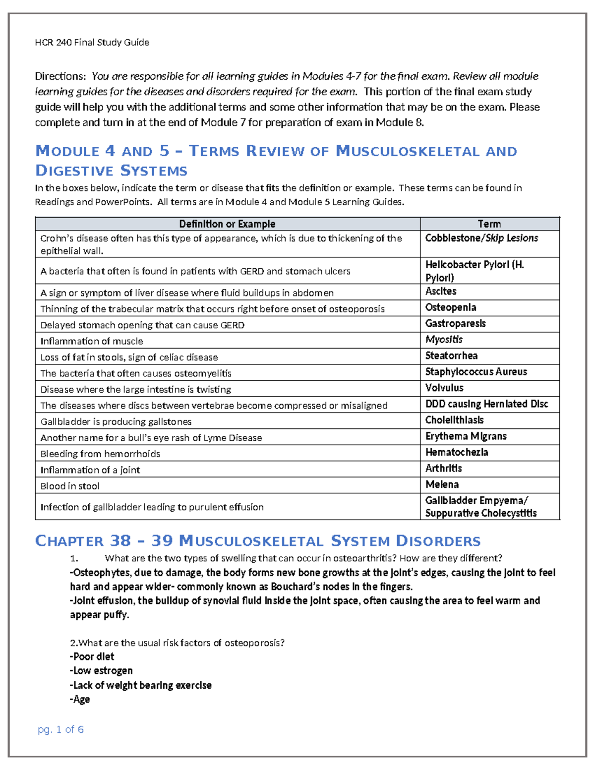HCR 240 Final Exam Study Guide: Key Terms & Concepts Review - Studocu