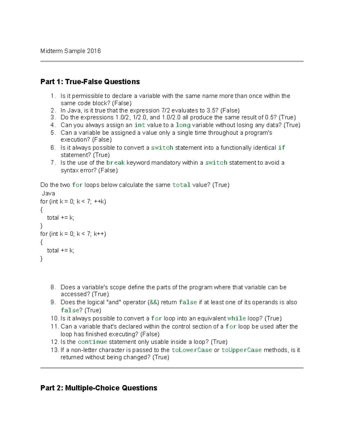 Final Exam Sample Questions for Java Programming (2016) - Studocu