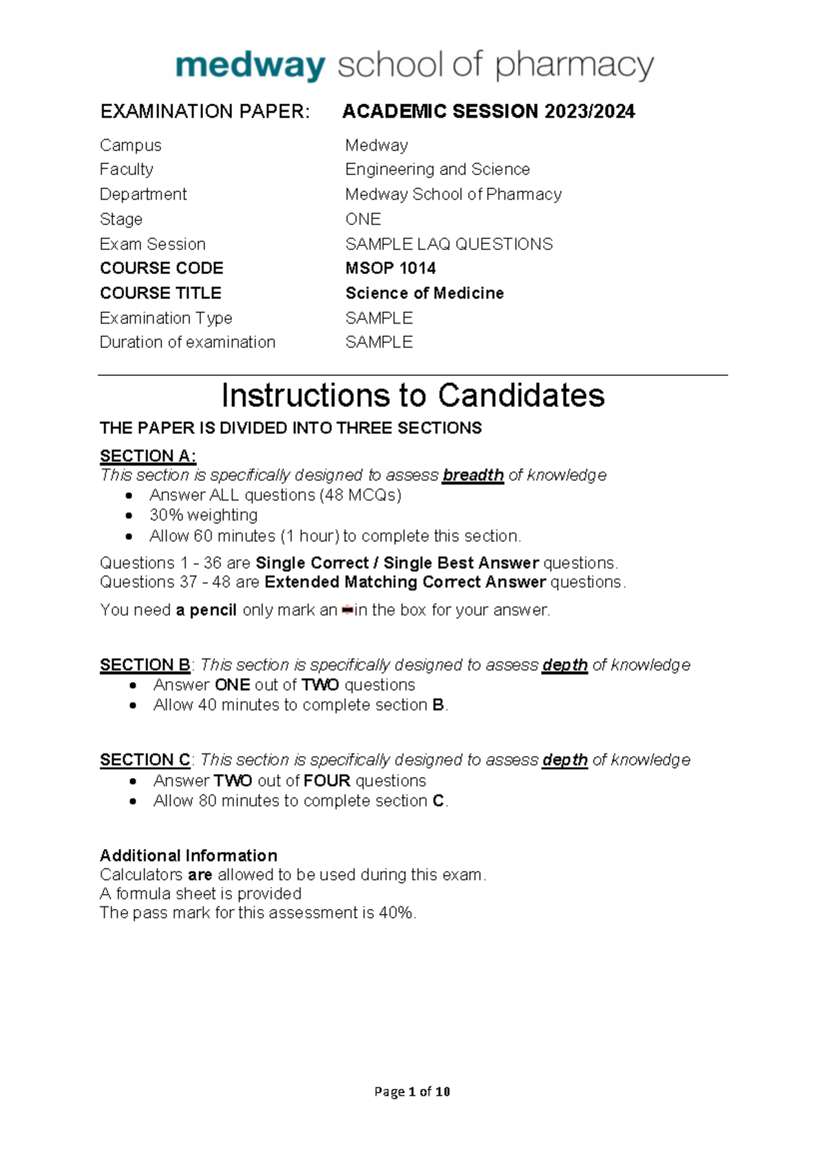 MSOP 1014 Sample Exam Paper - Science of Medicine - Studocu