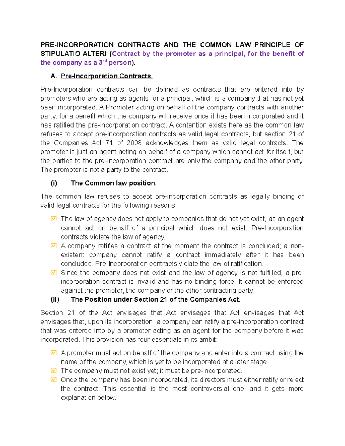 Pre-Incorporation Contracts: Common Law & Stipulatio Alteri (Contract ...