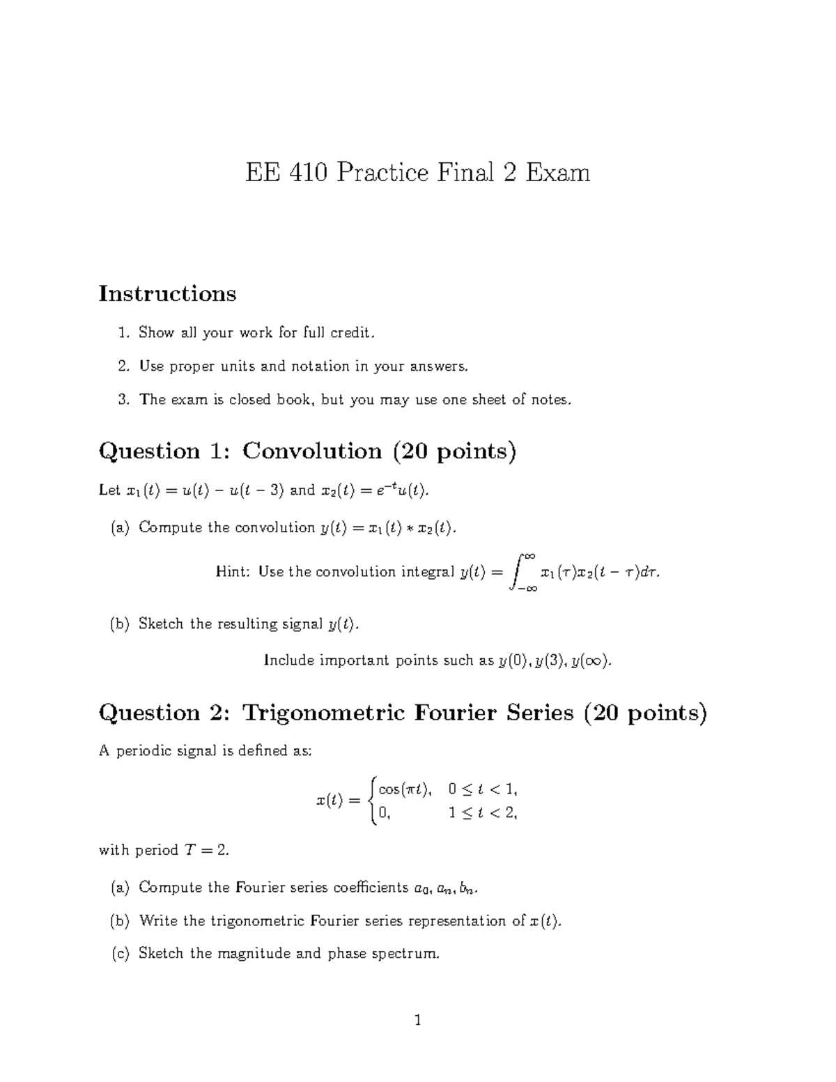 EE 410 Practice Final Exam: Convolution & Fourier Series - Studocu
