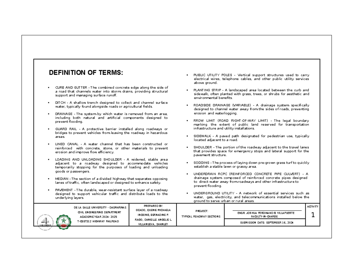DEFINITION OF TERMS: TYPICAL ROADWAY SECTIONS CE 2025 - Studocu