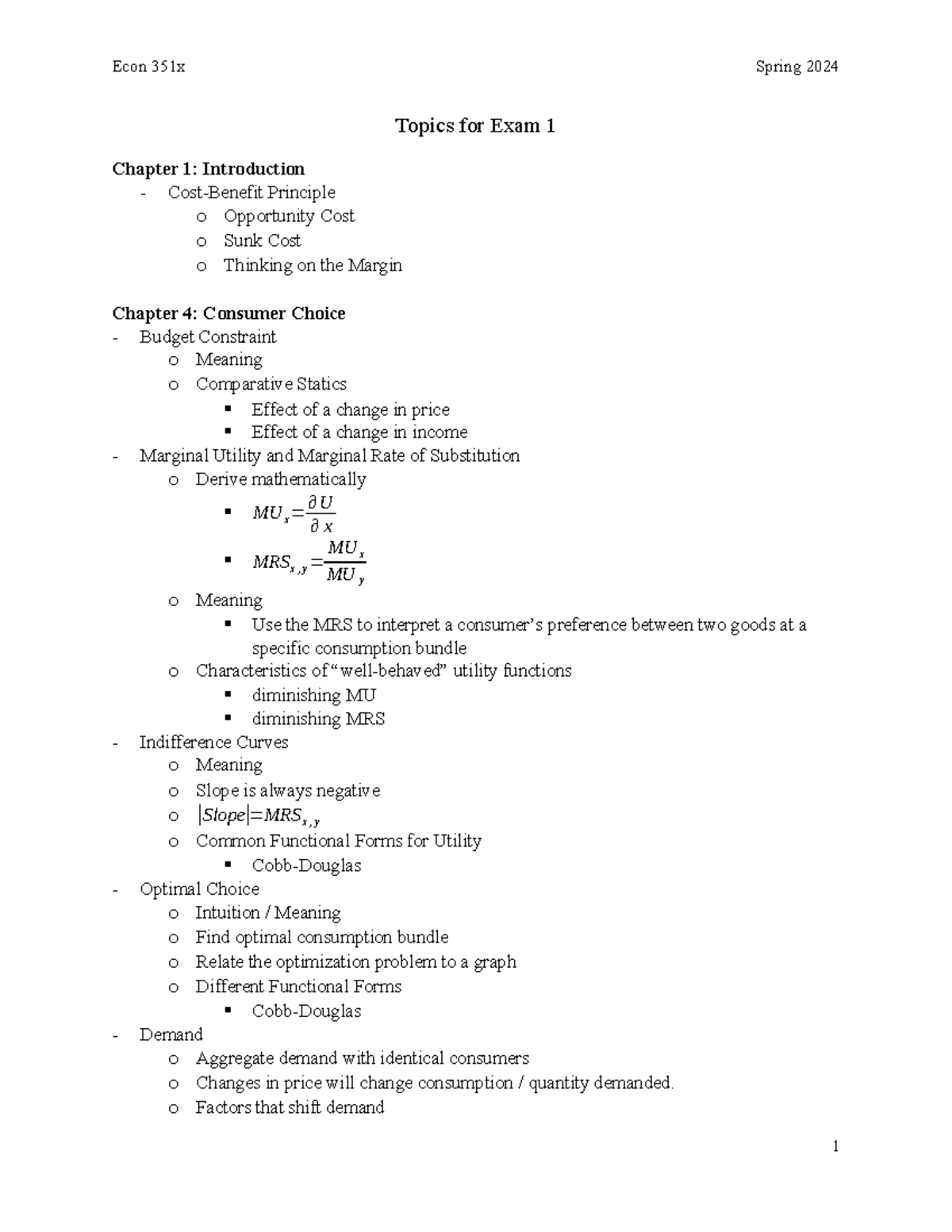 Exam 1 Topics: Microeconomics Overview (ECO101) - Studocu